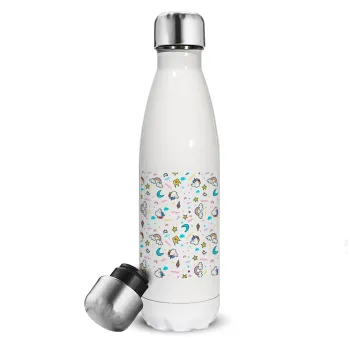 Unicorn pattern white, Metal mug thermos White (Stainless steel), double wall, 500ml