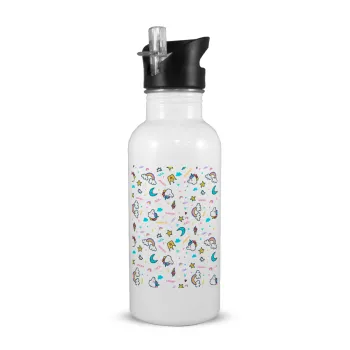 Unicorn pattern white, White water bottle with straw, stainless steel 600ml