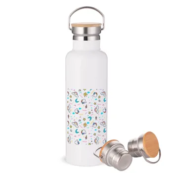 Unicorn pattern white, Stainless steel White with wooden lid (bamboo), double wall, 750ml