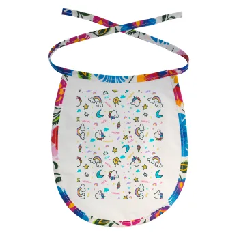 Unicorn pattern white, Σαλιάρα μωρού αλέκιαστη με κορδόνι Χρωματιστή