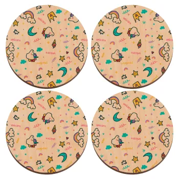 Unicorn pattern white, ΣΕΤ x4 Σουβέρ ξύλινα στρογγυλά plywood (9cm)