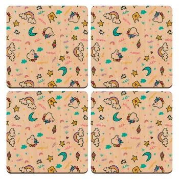 Unicorn pattern white, ΣΕΤ x4 Σουβέρ ξύλινα τετράγωνα plywood (9cm)
