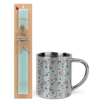 Unicorn pattern white, Easter Set, metallic thermal cup (300ml) & aromatic flat Easter candle (30cm) (TURQUOISE)