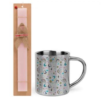 Unicorn pattern white, Easter Set, metallic thermal cup (300ml) & aromatic flat Easter candle (30cm) (PINK)
