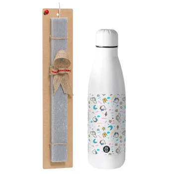 Unicorn pattern white, Easter Set, metallic stainless thermos bottle (500ml) & scented flat Easter candle (30cm) (GRAY)