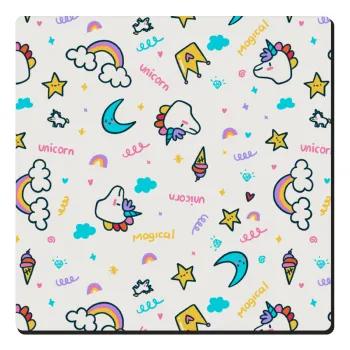 Unicorn pattern white, Τετράγωνο μαγνητάκι ξύλινο 6x6cm