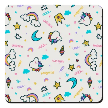 Unicorn pattern white, Τετράγωνο μαγνητάκι ξύλινο 9x9cm