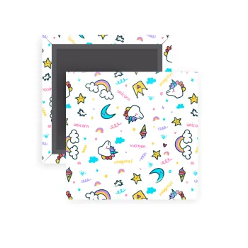 Unicorn pattern white, Μαγνητάκι ψυγείου τετράγωνο διάστασης 5x5cm