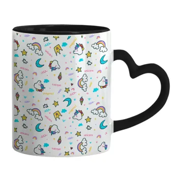 Unicorn pattern white, Mug heart black handle, ceramic, 330ml