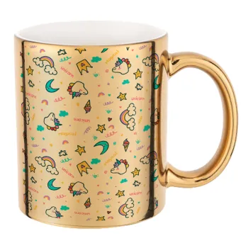 Unicorn pattern white, Mug ceramic, gold mirror, 330ml