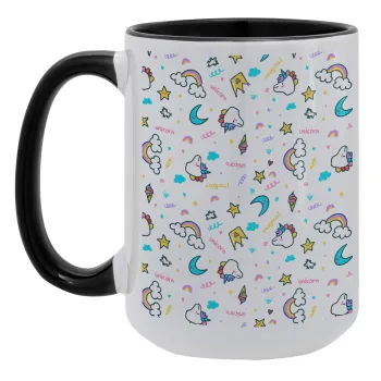 Unicorn pattern white, Κούπα Mega 15oz, κεραμική Μαύρη, 450ml