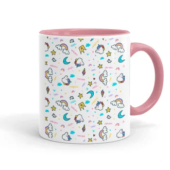 Unicorn pattern white, Κούπα χρωματιστή ροζ, κεραμική, 330ml