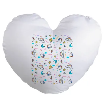 Unicorn pattern white, Μαξιλάρι καναπέ καρδιά 40x40cm περιέχεται το  γέμισμα