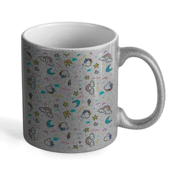 Unicorn pattern white, Κούπα Ασημένια Glitter που γυαλίζει, κεραμική, 330ml