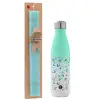 Easter Set, Metallic green/white thermos (Stainless steel), double-walled, 500ml & scented flat Easter candle (30cm) (TURQUOISE)