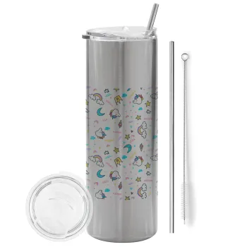 Unicorn pattern white, Tumbler stainless steel Silver 600ml, with metal straw & cleaning brush