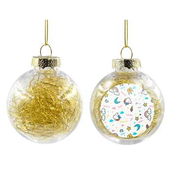 Unicorn pattern white, Στολίδι Χριστουγεννιάτικη μπάλα δένδρου διάφανη με χρυσό γέμισμα 8cm