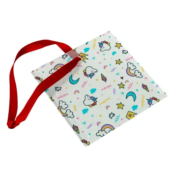 Unicorn pattern white, Στολίδι Χριστουγεννιάτικο στολίδι γυάλινο τετράγωνο 9x9cm