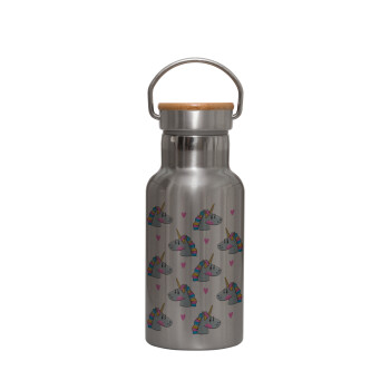 Unicorn, Stainless steel metallic thermos flask, silver with a bamboo lid, double-walled, 350ml.