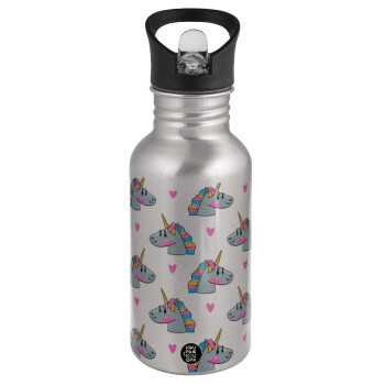 Unicorn, Water bottle Silver with straw, stainless steel 500ml