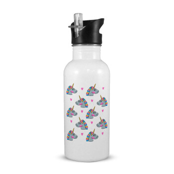 Unicorn, Παγούρι νερού Λευκό με καλαμάκι, ανοξείδωτο ατσάλι 600ml