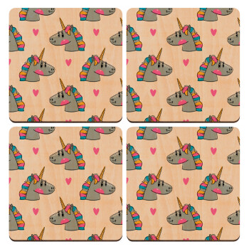 Unicorn, ΣΕΤ x4 Σουβέρ ξύλινα τετράγωνα plywood (9cm)