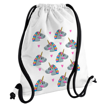 Unicorn, Backpack pouch GYMBAG white, with pocket (40x48cm) & thick cords