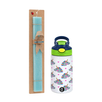 Unicorn, Πασχαλινή Λαμπάδα με Παιδικό παγούρι θερμό, ανοξείδωτο, με καλαμάκι ασφαλείας, πράσινο/μπλε (350ml) & κερί αρωματικό πλακέ (30cm) (ΤΙΡΚΟΥΑΖ)