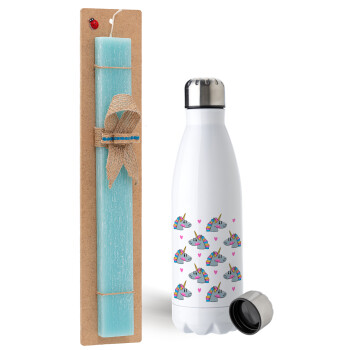 Unicorn, Easter Set, metallic stainless steel water bottle (750ml) & aromatic flat Easter candle (30cm) (TURQUOISE)