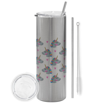 Unicorn, Eco friendly stainless steel Silver tumbler 600ml, with metal straw & cleaning brush