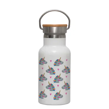 Unicorn, Metallic thermos (Stainless steel) White with wooden lid (bamboo), double-walled, 350ml