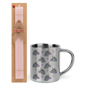 Unicorn, Easter Set, metallic thermal cup (300ml) & aromatic flat Easter candle (30cm) (PINK)