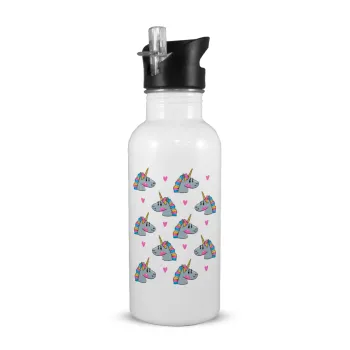 Unicorn, White water bottle with straw, stainless steel 600ml