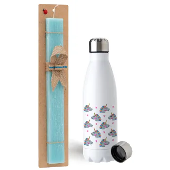 Unicorn, Easter Set, metallic stainless steel water bottle (750ml) & aromatic flat Easter candle (30cm) (TURQUOISE)