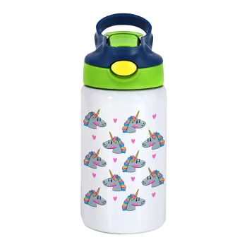 Unicorn, Children's hot water bottle, stainless steel, with safety straw, green, blue (350ml)