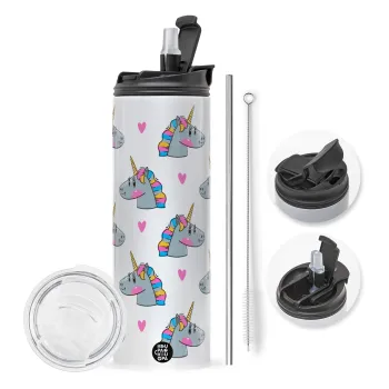 Unicorn, Travel Tumbler 2 Lids, with metal straw & cleaning brush (Stainless steel 304 Food grade, BPA free, 600ml)