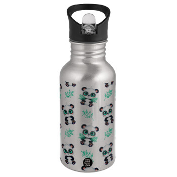 Panda, Water bottle Silver with straw, stainless steel 500ml