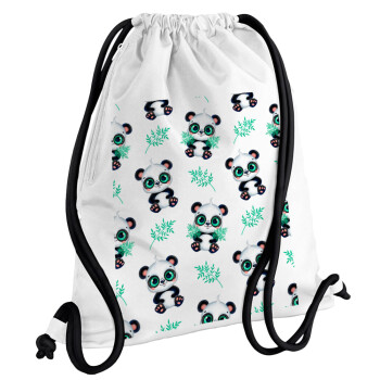Panda, Τσάντα πλάτης πουγκί GYMBAG λευκή, με τσέπη (40x48cm) & χονδρά κορδόνια