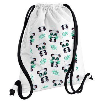 Panda, Backpack pouch GYMBAG white, with pocket (40x48cm) & thick cords