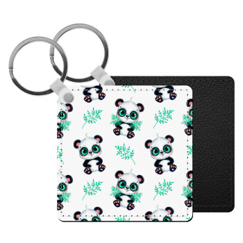 Panda, Μπρελόκ Δερματίνη, τετράγωνο ΜΑΥΡΟ (5x5cm)