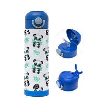 Panda, Children's hot water bottle, stainless steel, with safety straw, BLUE (500ml)
