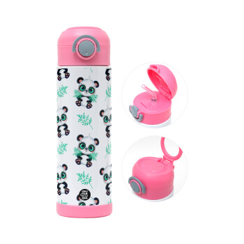 Panda, Παιδικό παγούρι θερμό, ανοξείδωτο, με καλαμάκι ασφαλείας, ΡΟΖ (500ml)