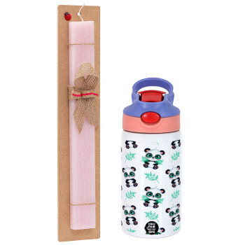 Panda, Πασχαλινό Σετ, Παιδικό παγούρι θερμό, ανοξείδωτο, με καλαμάκι ασφαλείας, ροζ/μωβ (350ml) & πασχαλινή λαμπάδα αρωματική πλακέ (30cm) (ΡΟΖ)