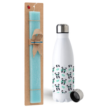 Panda, Easter Set, metallic stainless steel water bottle (750ml) & aromatic flat Easter candle (30cm) (TURQUOISE)