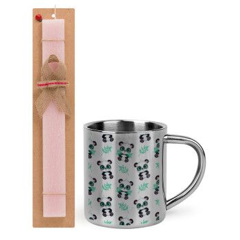 Panda, Easter Set, metallic thermal cup (300ml) & aromatic flat Easter candle (30cm) (PINK)