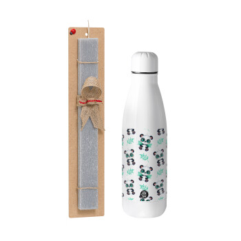Panda, Easter Set, metallic stainless thermos bottle (500ml) & scented flat Easter candle (30cm) (GRAY)