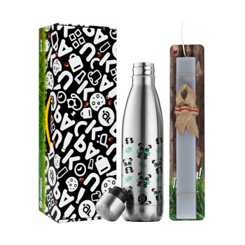 Panda, Easter Set, metallic stainless thermos flask (500ml) & scented flat Easter candle (30cm) (GRAY)