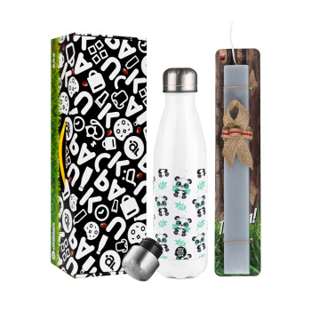 Panda, Easter candle, metallic white thermos bottle (500ml) & aromatic flat candle (30cm) (GRAY)