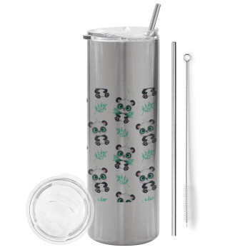 Panda, Eco friendly stainless steel Silver tumbler 600ml, with metal straw & cleaning brush