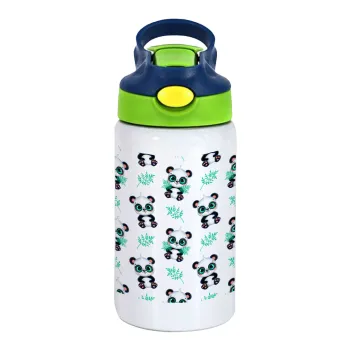 Panda, Children's hot water bottle, stainless steel, with safety straw, green, blue (350ml)